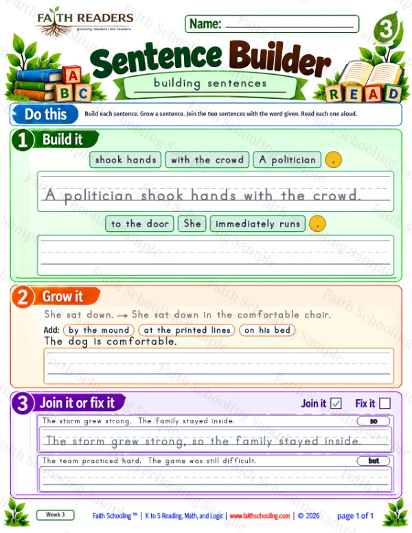 3rd Grade grammar & writing worksheet — Sentence Building. Sentence Builder 7: A politician shook hands with the crowd.