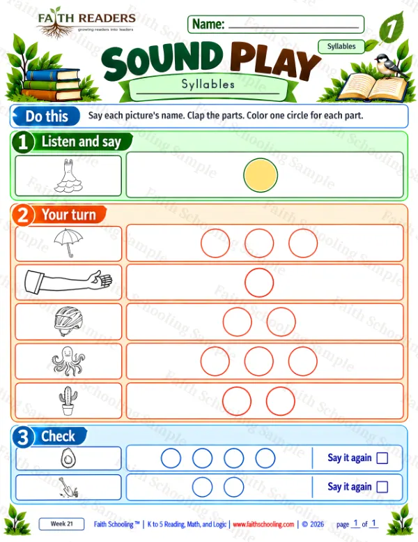 1st Grade phonics worksheet — Syllables. Sound Play 7: arm, avocado, cactus and dress