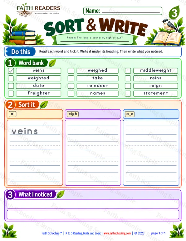 3rd Grade phonics worksheet — Sort And Write 4: Long A - eigh and ei