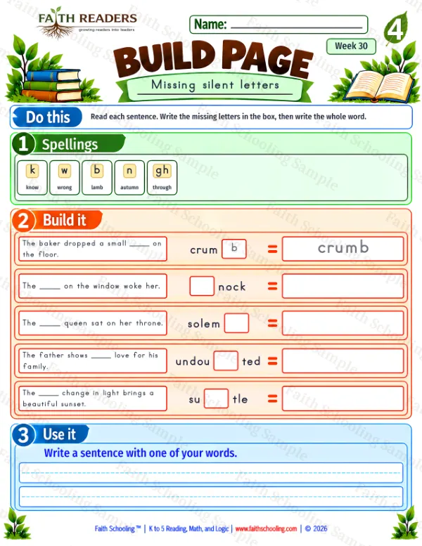 4th Grade phonics worksheet — Build 1: Missing silent letters