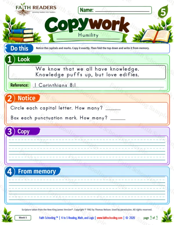 5th Grade grammar & writing worksheet — Copywork 4: 1 Corinthians 8:1 (Humility)