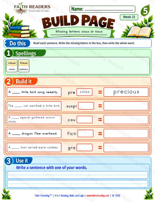 5th Grade phonics worksheet — Missing & Hidden Letters. Build 4: cious or tious