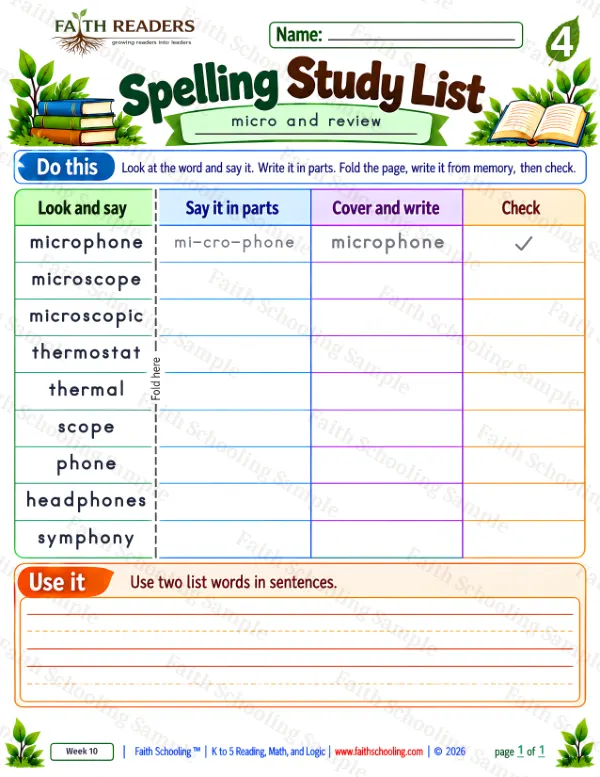 4th Grade phonics worksheet — Spelling Study List 6: microphone, microscope, microscopic and thermostat