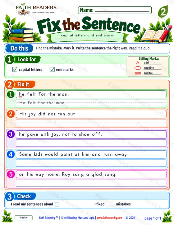 2nd Grade grammar & writing worksheet — Capitalization and Punctuation. Fix The Sentence 4: capital letters and end marks