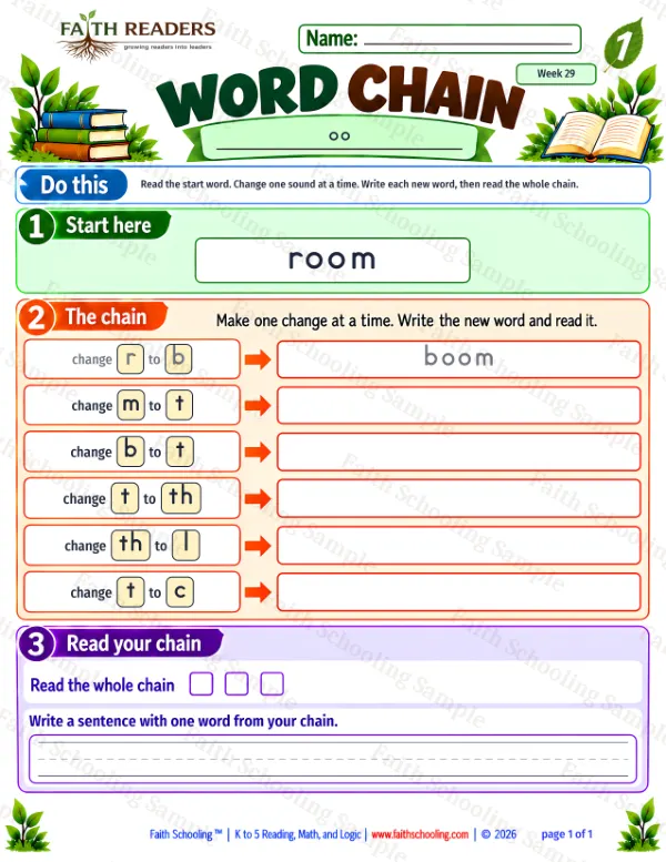 1st Grade phonics worksheet — oo as in moon and book. Word Chain 2: room to cool