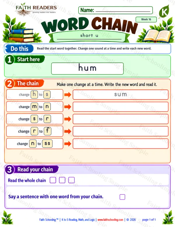 Kindergarten phonics worksheet — Short U. Word Chain 1: hum to fuss