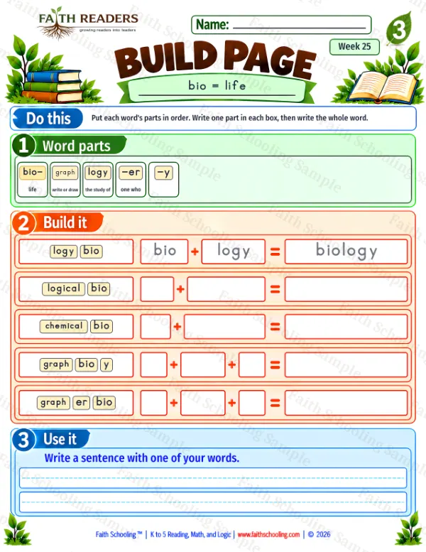 3rd Grade vocabulary & word study worksheet — Greek Root: bio = life. Build 2: bio = life
