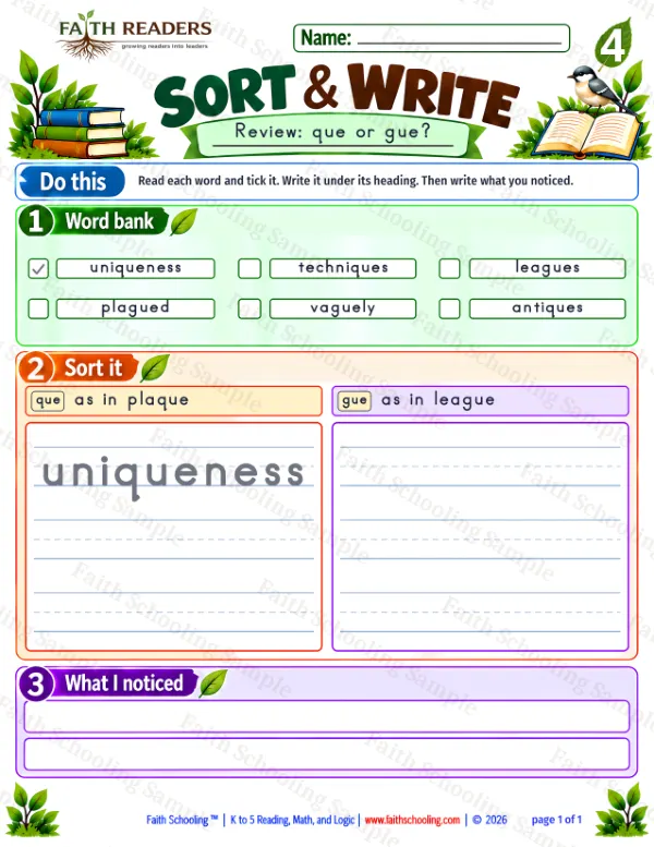 4th Grade phonics worksheet — Sort And Write 2: QUE and GUE Endings