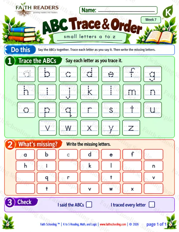 Kindergarten phonics worksheet — Alphabetical Order. ABC Trace And Order 7