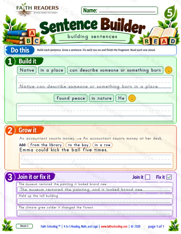 5th Grade grammar & writing worksheet — Sentence Building. Sentence Builder 4: Native can describe someone or something born in a place.