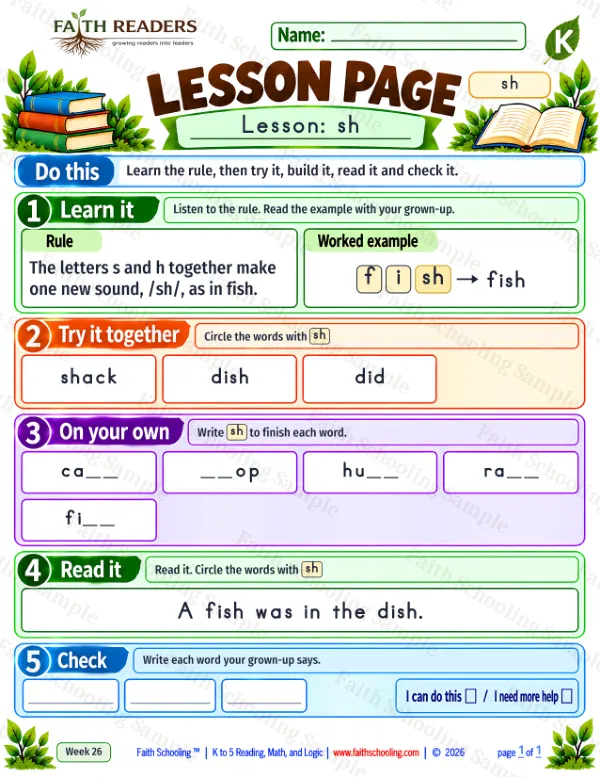 Kindergarten phonics worksheet — Digraphs sh, ch, th, wh. Lesson 1: sh (free printable)