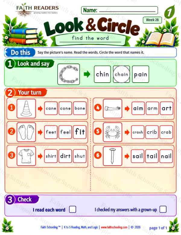 1st Grade phonics worksheet — Find & Circle Words. Look And Circle 9: cone, feet, shirt and arm
