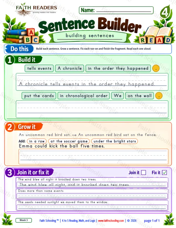 4th Grade grammar & writing worksheet — Sentence Building. Sentence Builder 7: A chronicle tells events in the order they happened.