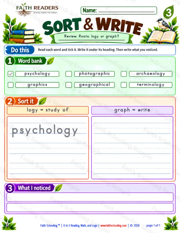 3rd Grade vocabulary & word study worksheet — Greek Root: -logy = the study of. Sort And Write 7: logy and graph