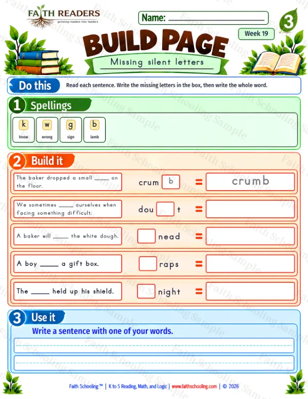 3rd Grade phonics worksheet — Build 2: Missing silent letters