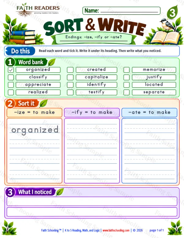 3rd Grade vocabulary & word study worksheet — The -ize Suffix. Sort And Write 1: -ize, -ify and -ate (free printable)