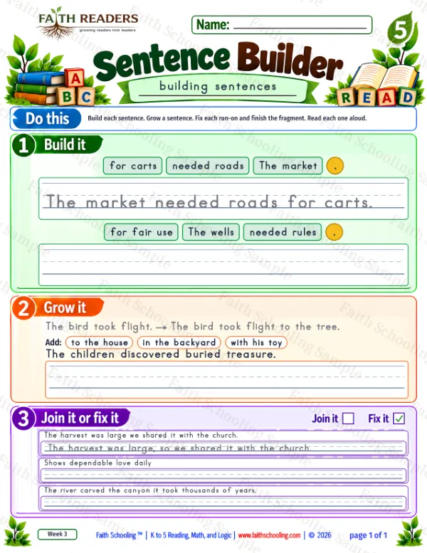 5th Grade grammar & writing worksheet — Sentence Building. Sentence Builder 8: The market needed roads for carts.