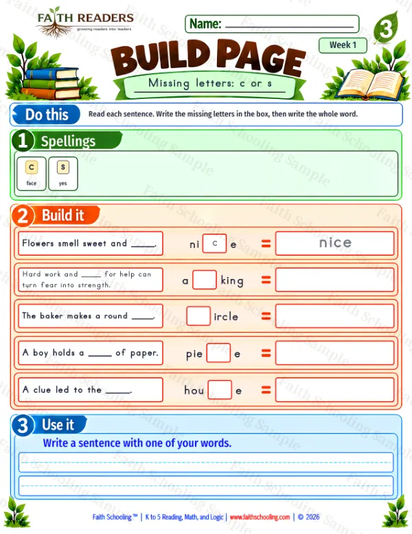 3rd Grade phonics worksheet — Missing & Hidden Letters. Build 1: c or s (free printable)