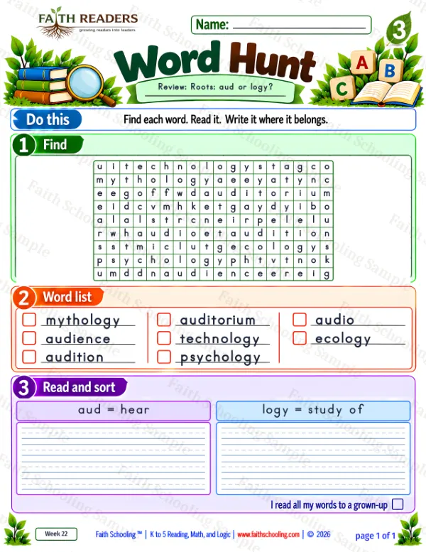 3rd Grade vocabulary & word study worksheet — Word Roots: aud = hear. Word Hunt 3: aud and logy
