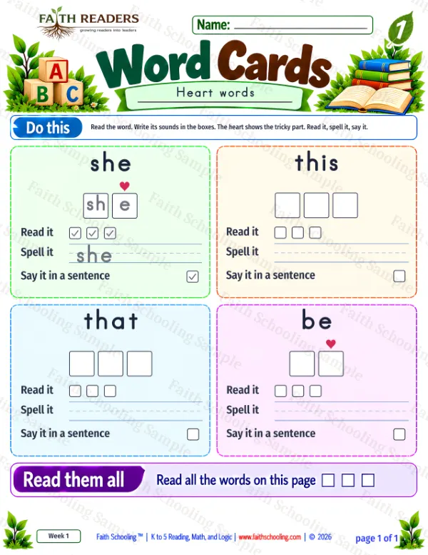 1st Grade phonics worksheet — Sight Words. Word Cards 1: she, this, that and be (free printable)