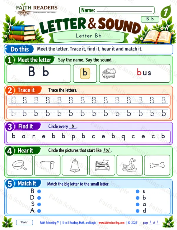 1st Grade phonics worksheet — Letter Recognition (b d p, m n h). Letter Sound 1: the letter b (bus) (free printable)
