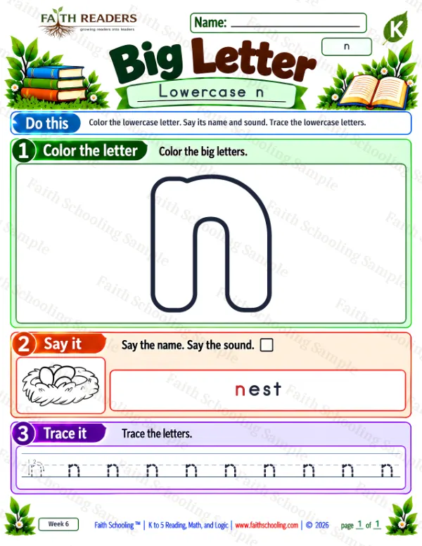 Kindergarten phonics worksheet — Lowercase Letters. Big Letter 5: the letter n (nest)