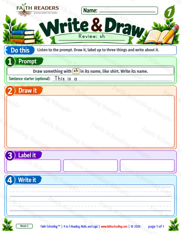 1st Grade grammar & writing worksheet — Sentence Writing. Write And Draw 6: Draw something with sh in its name, like shirt.