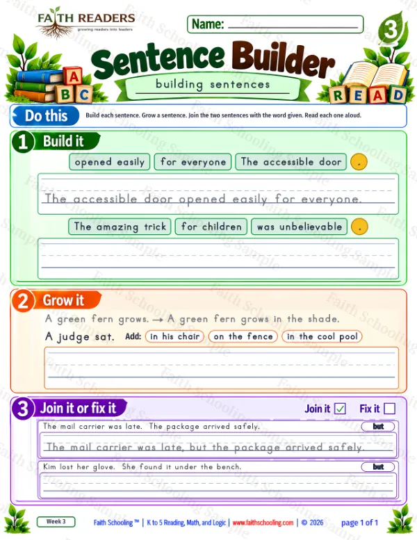 3rd Grade grammar & writing worksheet — Sentence Building. Sentence Builder 8: The accessible door opened easily for everyone.
