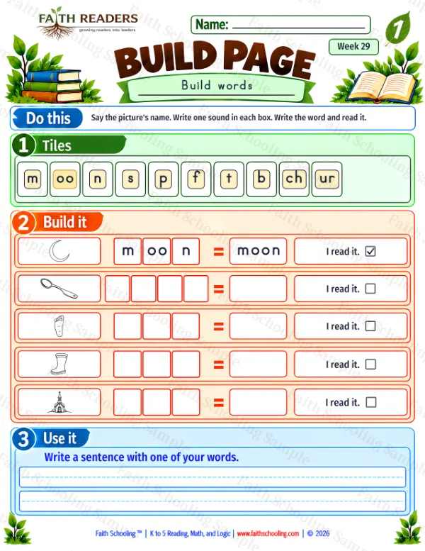 1st Grade phonics worksheet — oo as in moon and book. Build 1: moon, spoon, foot and boot