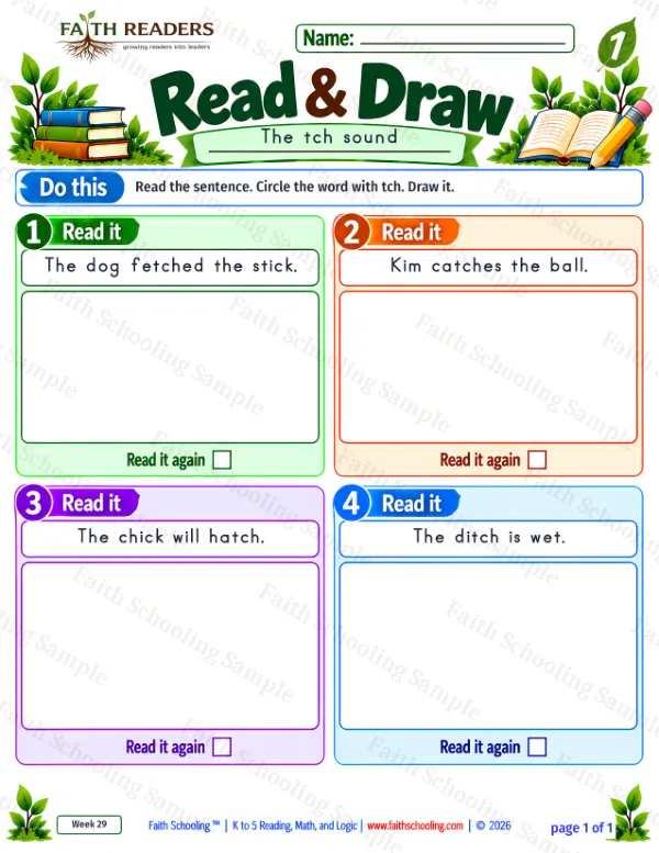 1st Grade phonics worksheet — The TCH Sound. Read And Draw 2: The dog fetched the stick.