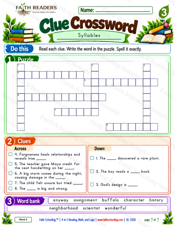 3rd Grade phonics worksheet — Clue Crossword 1: Syllables