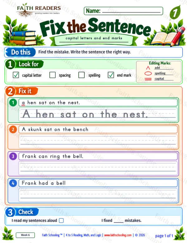 1st Grade grammar & writing worksheet — Capitalization and Punctuation. Fix The Sentence 6: capital letters and end marks