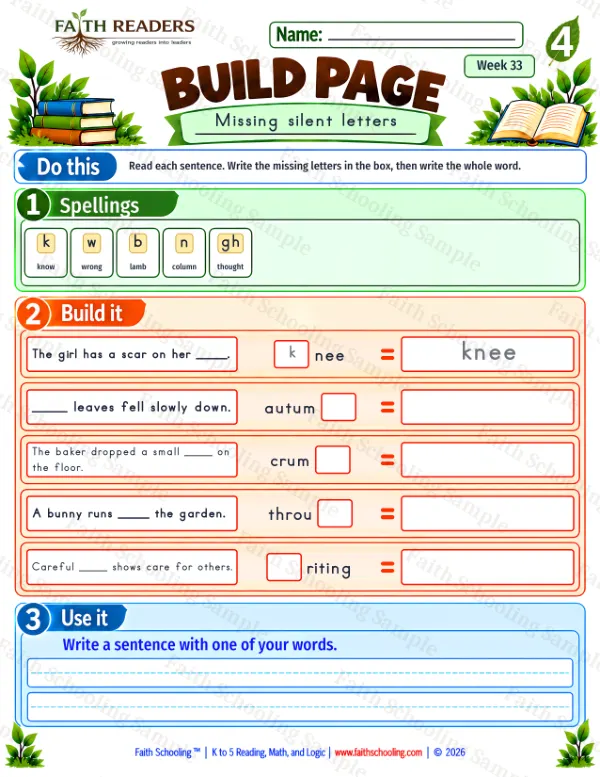 4th Grade phonics worksheet — Build 9: Missing silent letters