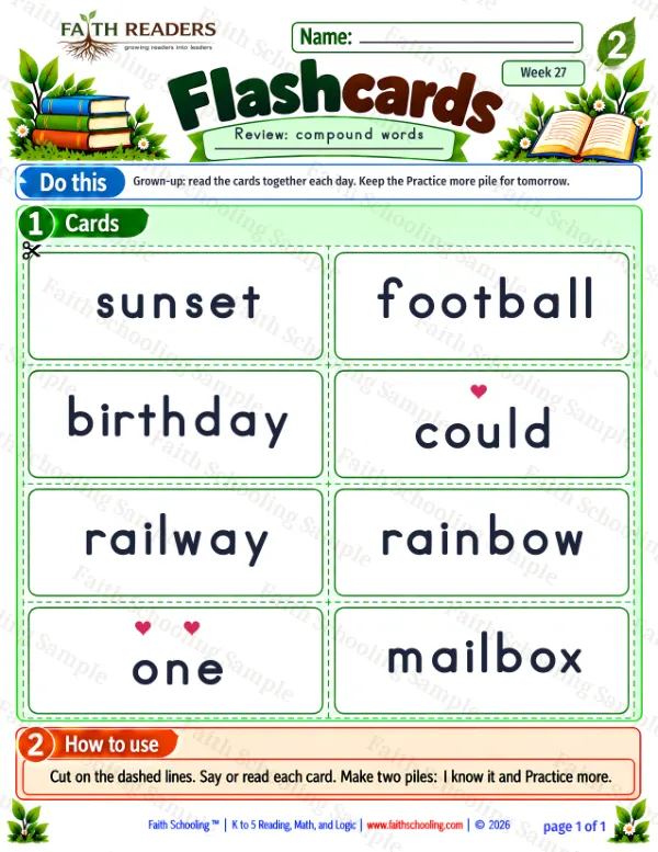 2nd Grade vocabulary & word study worksheet — Flashcards 3: compound words