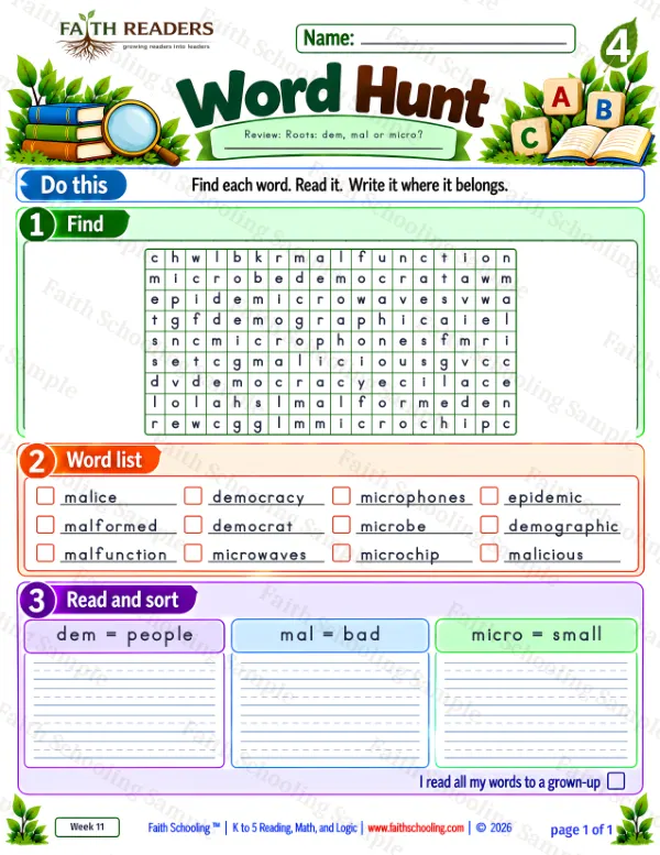 4th Grade vocabulary & word study worksheet — Greek Root: dem = people. Word Hunt 2: dem, mal and micro