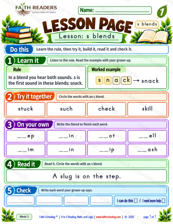 1st Grade phonics worksheet — Sounds That Blend. Lesson 1: s-blends (free printable)
