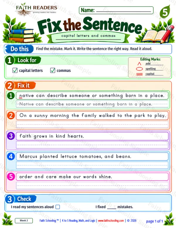 5th Grade grammar & writing worksheet — Capitalization and Punctuation. Fix The Sentence 4: capital letters and commas
