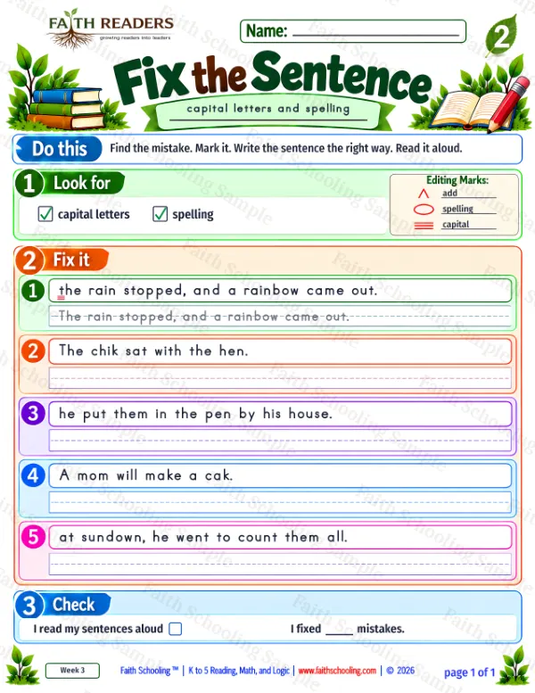 2nd Grade grammar & writing worksheet — Edit and Repair. Fix The Sentence 6: capital letters and spelling