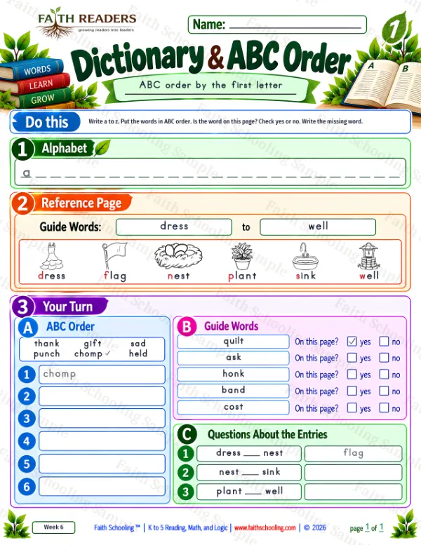 1st Grade phonics worksheet — Alphabetical Order & Picture Dictionary. Dictionary And ABC Order 6: dress, flag, nest and plant
