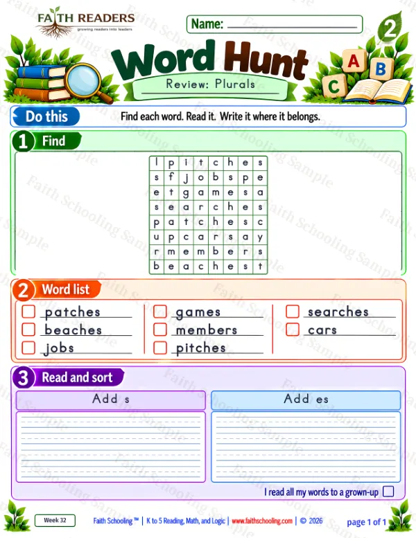 2nd Grade vocabulary & word study worksheet — Plural Rules: -es, y to ies, f to ves. Word Hunt 3: add-s and add-es