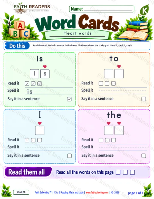 Kindergarten phonics worksheet — Sight Words. Word Cards 4: is, to, I and the