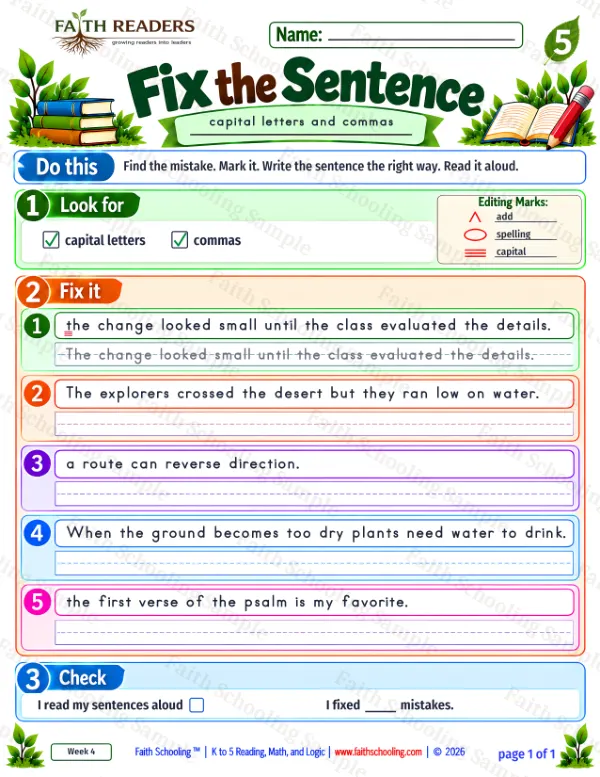 5th Grade grammar & writing worksheet — Capitalization and Punctuation. Fix The Sentence 8: capital letters and commas