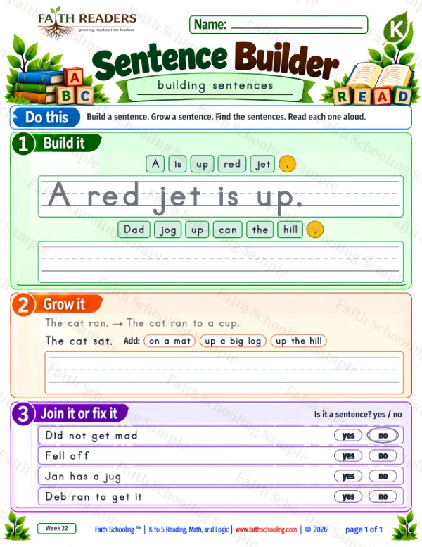 Kindergarten grammar & writing worksheet — Sentence Building. Sentence Builder 7: A red jet is up.