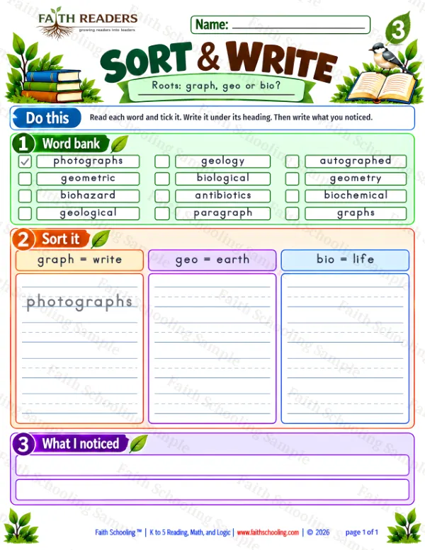 3rd Grade vocabulary & word study worksheet — Greek Root: graph = write, draw. Sort And Write 1: graph, geo and bio (free printable)