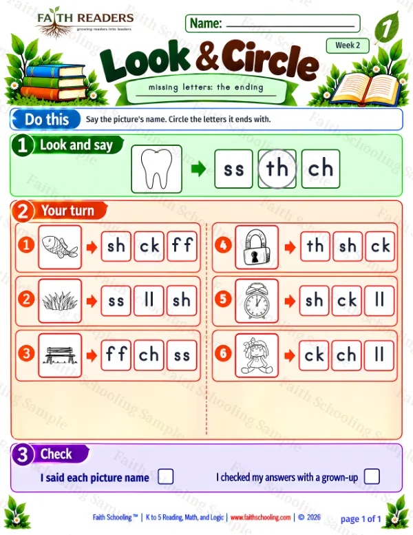 1st Grade phonics worksheet — Missing & Hidden Letters. Look And Circle 1: fish, grass, bench and lock (free printable)