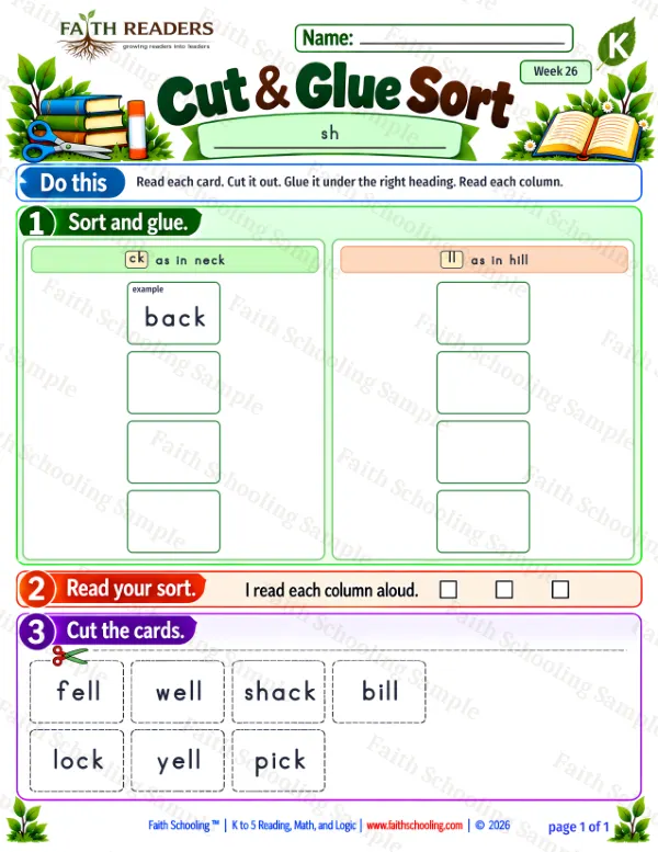Kindergarten phonics worksheet — Digraphs sh, ch, th, wh. Cut And Glue Sort 2: ck and ll