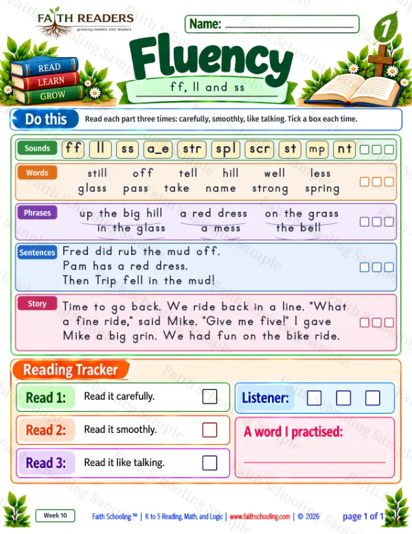 1st Grade phonics worksheet — Double Letters. Fluency 1: still, off, tell and hill