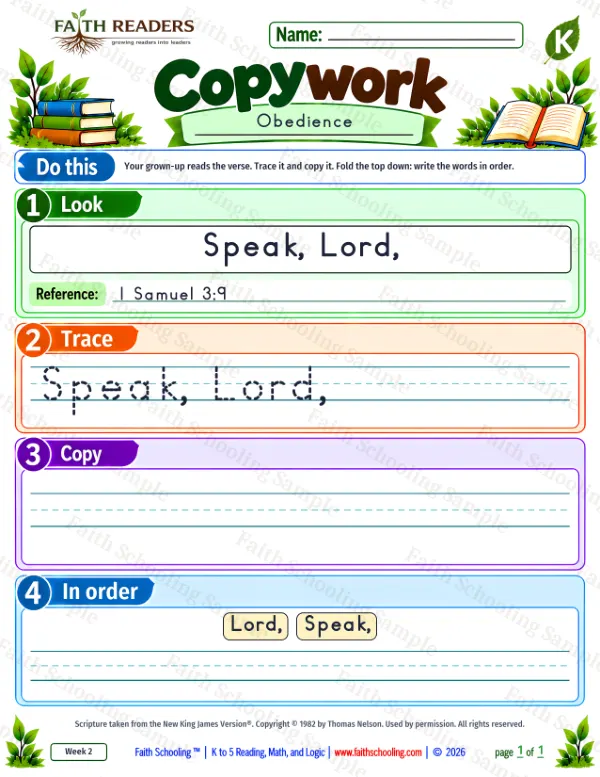 Kindergarten grammar & writing worksheet: Copywork, free printable page