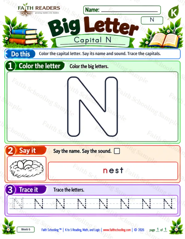 Kindergarten phonics worksheet — Uppercase Letters. Big Letter 5: the letter n (nest)