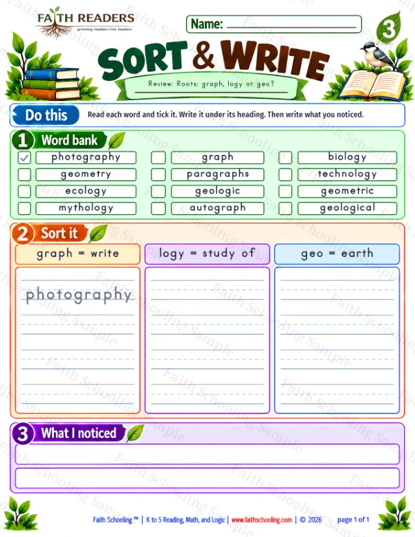 3rd Grade vocabulary & word study worksheet — Greek Root: graph = write, draw. Sort And Write 3: graph, logy and geo